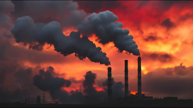 Industrial smokestacks releasing thick smoke into the atmosphere against a dramatic sunset sky, highlighting environmental impact and industrialization in a powerful visual narrative