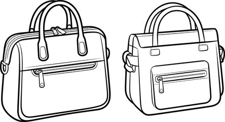 Technical sketch of modern handbags with zipper, front pocket design, cad drawing, stylish purse template, fashion bag vector illustration