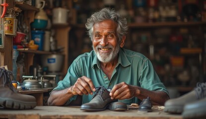 indian repair expert smiling in footwear workshop