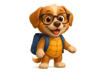 Happy Cartoon Puppy Wearing Glasses and Turtle Shell Vest with Blue Backpack on White Background for Fun School and Learning Themes
