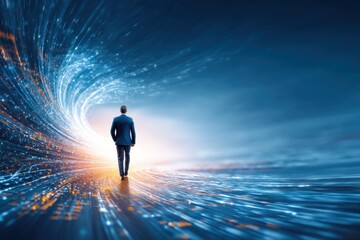 A businessman walks toward a bright, swirling digital tunnel representing future technology and data flow.