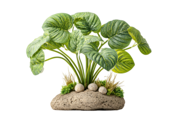 PNG Lush green tropical plant with rocks and moss on decorative base