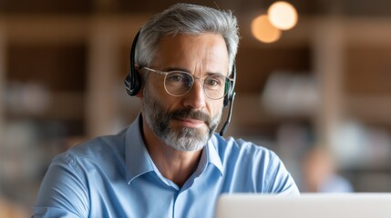 Obraz premium A mature man with gray hair and glasses wears a headset, focusing intently while working on a laptop in a softly lit, professional environment.
