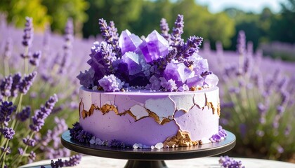 Purple Gemstone Cake with Floral Accents on a Flowery Field