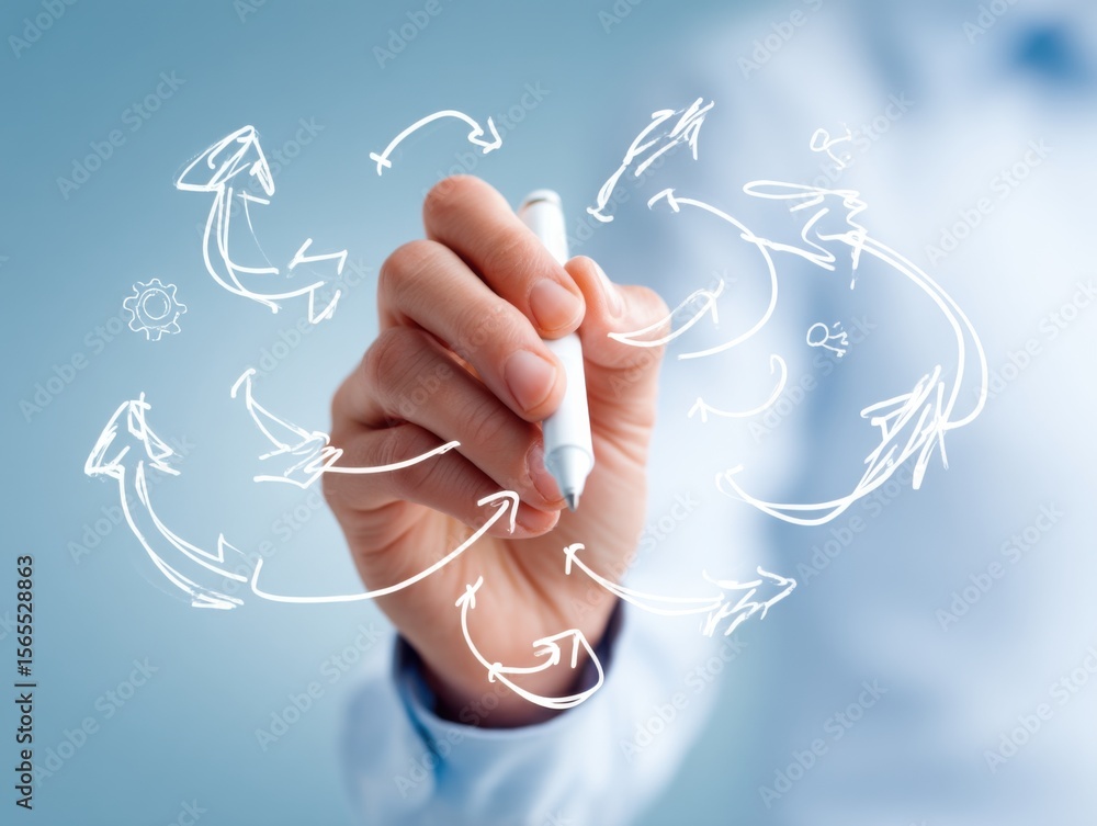 Poster a hand holding a white marker draws multiple white arrows pointing in various directions on a transp