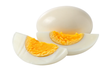 Hard boiled eggs sliced in half showing yellow yolk on a plain white background with no shadow
