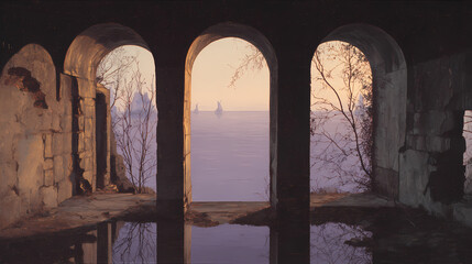 visual study on spiritual silence | memory of sacred light | hallowed stillness | dusky lilac over earth tones | temporal framing through arches | distant vessels on mirrored seas | veiled