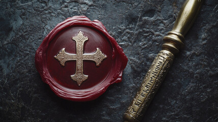 A grand imperial wax seal in deep red, featuring a Byzantine-style Christogram, meticulously pressed into the wax. The brass seal handle is engraved with ancient script, placed beside it.