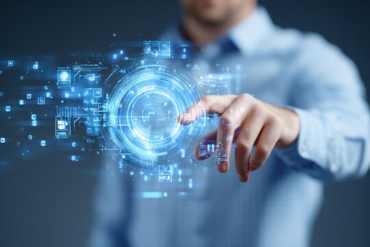 A person in a blue shirt interacts with a holographic digital interface featuring circular data and futuristic technology elements. - Powered by Adobe