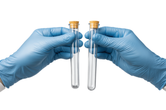 PNG Gloved hands holding test tubes with cork stoppers on black background