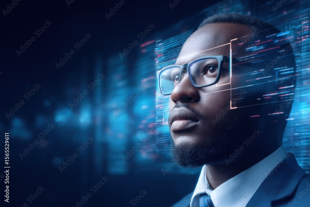 Poster a focused man wearing glasses analyzes digital data visualizations projected in front of him, symbol