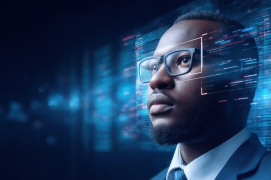 A focused man wearing glasses analyzes digital data visualizations projected in front of him, symbolizing technology and data analytics.
