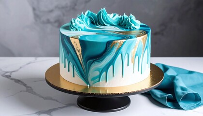 Teal And Gold Marble Drip Cake On White Stand