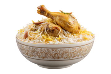 PNG Delicious chicken biryani in ornate bowl with herbs and spices