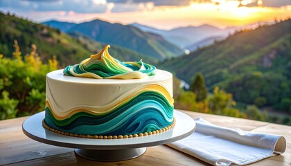 Teal Blue Green Wave Patterned Cake Mountain Landscape Sunset