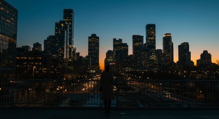 Obraz premium Solitary figure on bridge overlooking a cityscape at dusk, illuminated buildings, city lights, tranquil scene