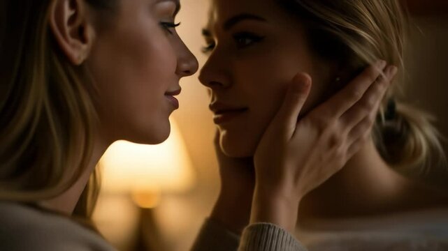 Close up of two women sharing an intimate moment with gentle hand caress