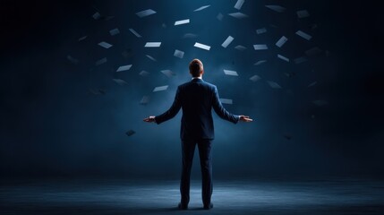 A businessman stands confidently under a dark sky with countless floating envelopes surrounding him, symbolizing communication or overwhelming messages.