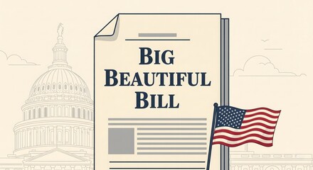 Stylized icon illustration of “Big Beautiful Bill” with bold text, folded U.S. flag, and outlined White House — U.S. Government Theme