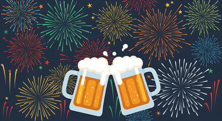 Cheers to the New Year! Festive Fireworks and Beer Toast Illustration