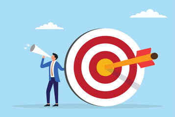 Vector illustration of a businessman announcing through a megaphone beside a target sign, symbolizing effective communication, goal setting, marketing, and leadership in business
