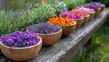 Colorful dried flowers in wooden bowls
