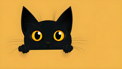 Hiding and peeking black cat with big yellow eyes