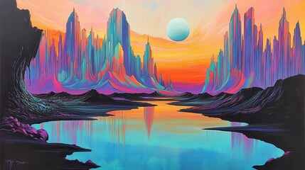Colorful alien landscape reflecting a vibrant sunset.