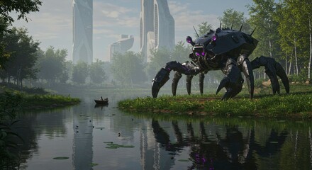 Futuristic crab-like machine near a tranquil lake, reflecting modern architecture in the background