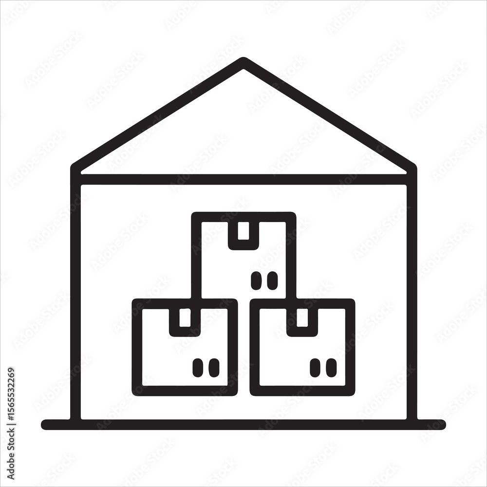 Poster vector art of a simple line art icon of a warehouse with boxes isolated on white background