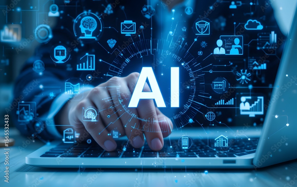 Poster ai interface interaction, digital assistant icons, and data visualization. a person interacts with a