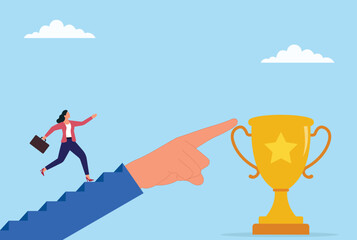 Vector illustration of a businesswoman running on a helping hand toward a golden trophy, symbolizing teamwork, support, ambition, and the pursuit of success and excellence
