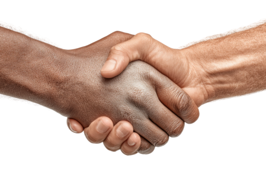 PNG Interracial handshake between african male and caucasian male showing unity and cooperation