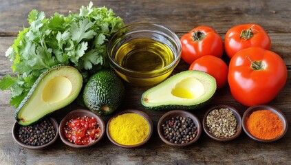 Fresh healthy ingredients arranged on a wooden surface