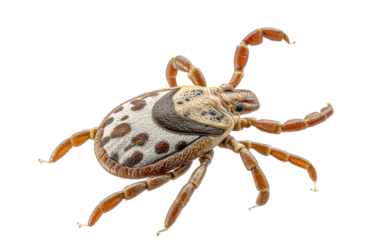 PNG Close-up of a detailed tick with brown legs and spotted body on black background