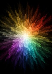 Rainbow Burst Abstract Art - Vibrant abstract of a colorful burst radiating outwards from a central point, set against a black background. Perfect for design projects