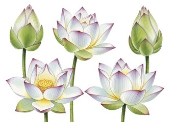 Serene White Lotus Blossom Watercolor - Elegant botanical illustration of white lotus flowers symbolizing purity, peace, enlightenment, rebirth, and tranquility