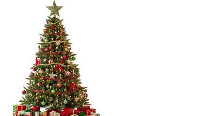 Decorated Christmas Tree with Gifts - A beautifully decorated Christmas tree stands tall, surrounded by presents. Perfect for holiday cards, websites, and marketing materials