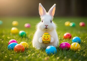 Easter Bunny with Colorful Eggs - Adorable white bunny rabbit holding a yellow Easter egg surrounded by colorful eggs in green grass. Perfect for Easter greetings