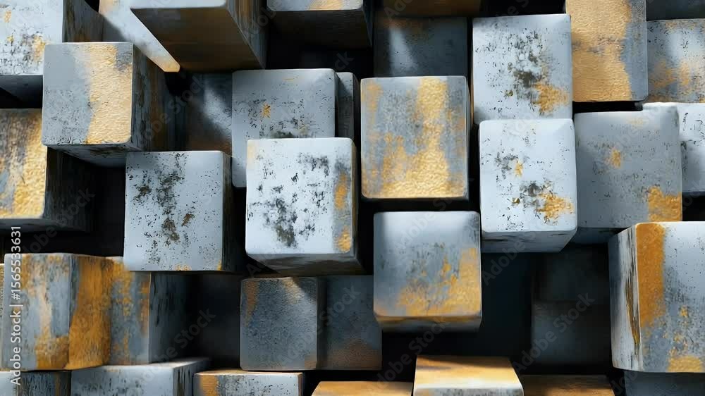 Poster abstract close-up of geometric cubes with a textured metallic surface and golden accents. artistic c