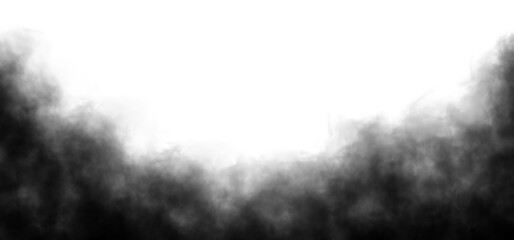 Realistic black smoke clouds fog effect isolated on transparent background. Dark smoke, steam, fog, vapor or gas on white background. Perfect for compositing into your shots. Design elements. 