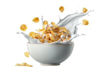 PNG Cornflakes in milk splashing from white bowl with floating flakes