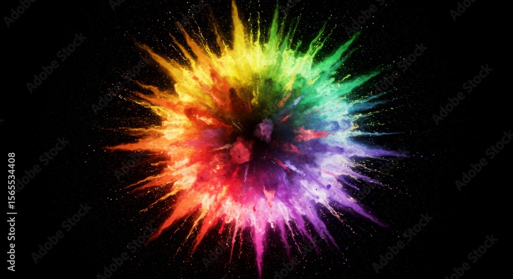 Poster vibrant multicolored powder explosion against a stark black background, creating a dynamic and visua