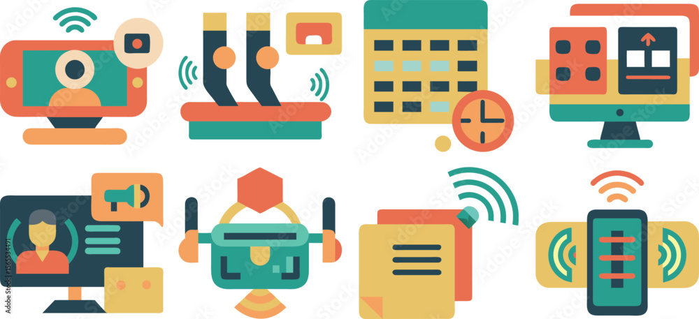 Poster vector art of a set of colorful technology icons isolated on transparent background.