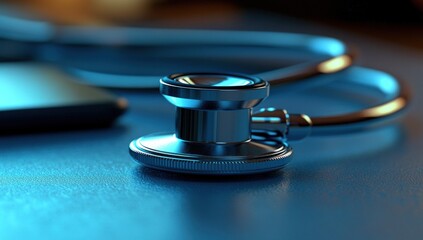 Close-up medical stethoscope on a blue surface