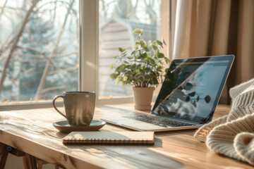 Cozy home office workspace with laptop, coffee cup, and plant by sunny window. Modern remote work setup, comfortable workstation, natural light, perfect for productivity, freelance, and work from home