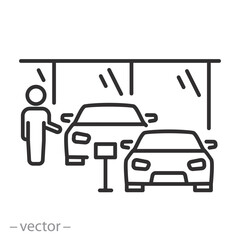 car showroom icon, dealership agent, new vehicles, sale auto transport, cars dealer, thin line symbol on white background, editable stroke vector illustration eps10