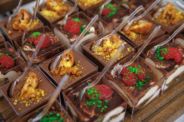  Tiramisu cups topped with fresh raspberries and colorful crumbs served on a wooden platter. Small spoons are ready for enjoyment, highlighting the dessert's inviting presentation.