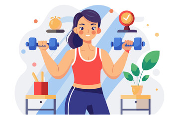 Strong Fit Woman Lifting Dumbbells at Home or Gym – Fitness Training and Strength Workout Vector Illustration – Generative AI