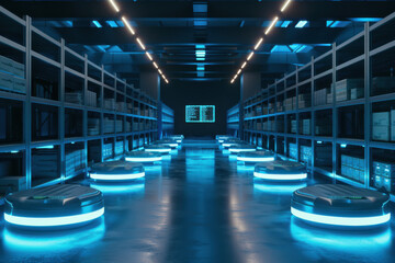 Futuristic automated warehouse with glowing blue robotic platforms and shelving systems. Modern smart logistics facility, AI-powered distribution center, industrial automation technology, 3D render.

